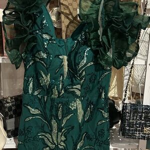 Emerald Green Beaded Ruffle-Sleeve Dress